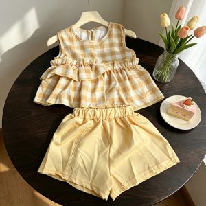 【Local Stock】 Local Stock💌Girls Plaid 2Pcs Set Summer Sleeveless Ruffle Top + Shorts Cute Korean Style Kids Outfit