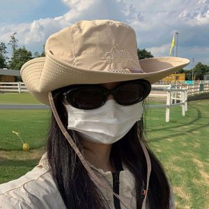 YOCKY Solid Color Western Cowboy Hat Sun Protection Big Brim Sun Hat Breathable Drawstring Hiking Cap Famale