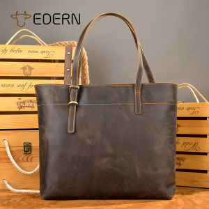 EDERN กระเป๋าโท้ทหนังทรงม้าย้อนยุคสำหรับผู้ชายและผู้หญิงกระเป๋าถือแฟชั่นเรียบง่ายกระเป๋าสะพายไหล่กระเป๋าทรงถังหนังวัวความจุขนาดใหญ่กระเป๋าช้อปปิ้ง