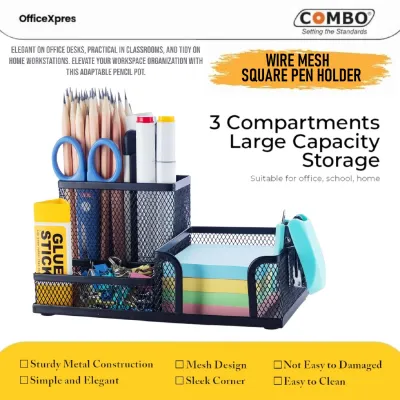 Pen Stand 3 Sekat / Tempat Pulpen Jaring Besi / Pen Stand Organizer / Keranjang Pulpen / Pen Holder DTMPS03