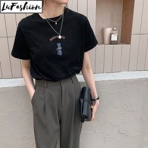 LuFashion Summer Women Korean Print Loose Short Sleeve Casual T-Shirts