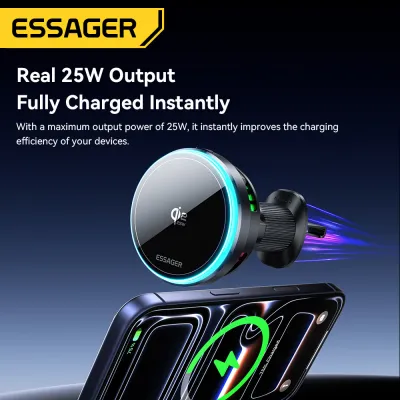 Essager 25W Qi2.2 Car Wireless Mag-netic Mounts Air outlet Wireless Charging Car Mounting Bracket Phone Holder Stand Colorful Light Design 25W Fast Charging Car Mount Wireless Charger For iPhone17 16 15-12 iPhone11-8 Xiaomi Samsung Huawei