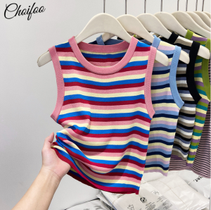 ChoiFoo เสื้อกล้ามผู้หญิงใหม่ฤดูร้อน2025เสื้อแขนกุดเสื้อกั๊กลายทางสีลูกกวาดสไตล์เกาหลีเสื้อกล้าม Cewek Seksi สั้นเข้ารูปพอดีเสื้อแขนกุดผ้าถักเสื้อกั๊กคอกลมนุ่มสบายเย็นระบายอากาศได้ดีเสื้อแขนกุด