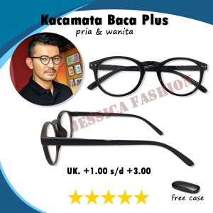 Kacamata Oval Warna Frame Hitam Glossy Lensa Plus +1.00 s/d +3.00 Untuk PRIA WANITA Rabun Dekat Gaya Korea Style TERBARU - FREE CASE