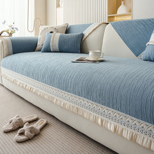 Luxury Chenille Couch Cover with Skirt Non-Slip Sofa Cover Four Seasons Sectional Sofa Armrest Backrest Cover for Living Room