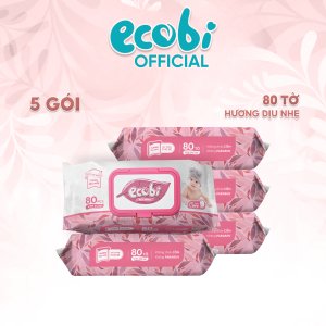 Thùng 05 gói khăn giấy ướt cao cấp cho bé Ecobi gói 80 tờ 560g Hương dịu nhẹ không parabens