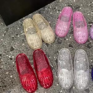 Fashionable Crystal-Toed Sandals For Women Hollow-Out Design Low-Heeled Suitable For Outdoor Wear Breathable Soft-Soled Non-Slip Half-Slippers For Bathroom Use