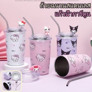 304 สแตนเลสถ้วยความร้อนการ์ตูนพิมพ์แบบพกพาถ้วยน้ำมูลค่าสูงถ้วยกาแฟพร้อมหลอด