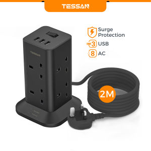 TESSAN Tower Extension Plug Surge Protector Power Strip Extension Socket Multiple Plug With USB C Tower Socket with 2M 5M Extension Cord