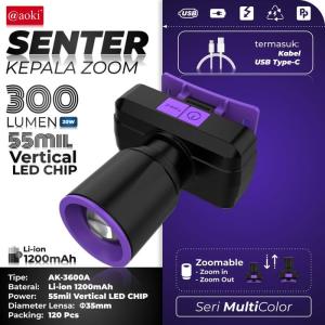 AOKI Senter Kepala Zoom 300LM AK-3600A CAHAYA PUTIH dengan USB-C Fokus & Penyebaran Zoom CAHAYA PUTIH