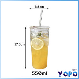 YoPo 550ml Creative Glass Water Cup with Straw and Lid Juice Milk Tea Coffee Cold Drink Mug