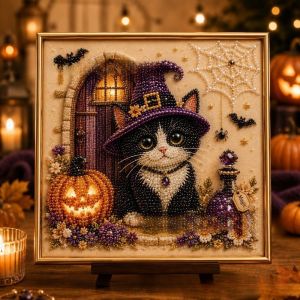 UNMEGONI DIY Halloween Cat Pearl Bead Painting Kit Diamond Dot Pearl Bead Pearl Art Craft Kit Fashion With Frame Diamond Art Craft Home