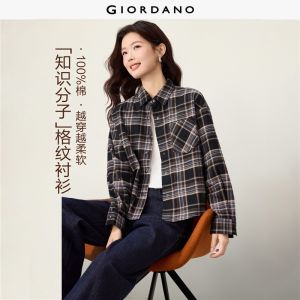 Giordano Women Cotton flannel long sleeve plaid shirt Free Shipping 05346872