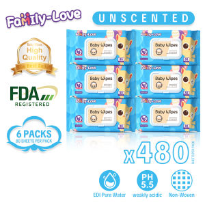 Unscented Baby Wipes 80 Sheets x 6 Packs | Fragrance-Free Everyday Wet Wipes for Baby & Family | 480 Sheets Stock-Up Pack | Family-Love