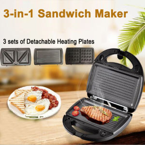 Sandwich Waffle Maker Electric 3-in-1 Waffle Iron 750W Panini Press Grill with 3 Detachable Non-stick Plates LED Indicator Lights Cool Touch Handle Easy to Clean