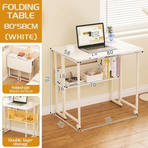 2-layer Folding Computer Table With Wheels Portable Office Table Large Storage Removable Study Table
