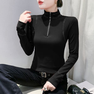 Yimei Áo sơ mi cotton khóa kéo cổ Áo Cá Tính 2024 Mùa Thu/mùa đông hợp thời trang mới kim cương nổi bật phong cách màu đỏ T-Shirt ôm vừa lớn đàn hồi cơ bản áo nhỏ cho phụ nữ