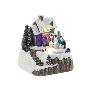 Resin Rotating Music Figurine Snow House Scene Ornament for Desktop Christmas Desktop Decoration with LED Light