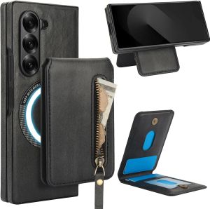[Compatible for MagSafe] 2-in-1 Detachable Magnetic Kickstand Wallet Case Card Holder Zipper Pocket Phone Cover PU Leather Case for Samsung Galaxy Z Fold 7 CaseZ Fold 6 CaseZ Fold 5 CaseZ Fold 4 Case
