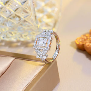 Sequito Tinh Tế mạ bạc trang sức nữ Micro Pave AAAAA đá Cubic Zirconia Cổ Điển Hollow Hình Chữ Nhật Có Thể Điều Chỉnh nhẫn đeo ngón tay Cho Hàng Ngày trang phục dự tiệc Đồ Trang Sức Sr119