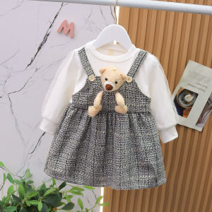 Dress Anak Import Free Boneka Teddy Gaun Lengan Panjang Fashion Anak Perempuan