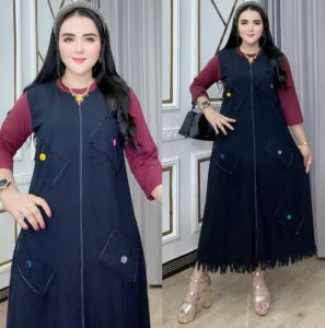 Dress Dena pakaian wanita Jeans Kombi Kaos LD 110 PB 120 All Size Lengan 7/8 Depan Jeans Belakang Kaos Bawah Rawis Cocok BB 45–70