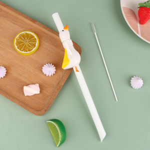 [Sirola] 1PC thời trang động vật dài ngỗng rơm với bàn chải tái sử dụng đường kính lớn uống rơm cong ống hút dày ống hình dạng ống hút