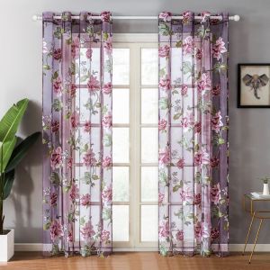 PPRVAU Romantic Purple Tulle Flower Peony Pattern Bedroom Home Decoration Window Drapes Sheer Curtains Curtain