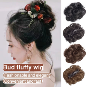 🔥Sale Elegant wig Bud fluffy hair extension Hair curling wig ring Clip flower bud lazy half bun Simulation hair Fluffy hair curler Wig bag