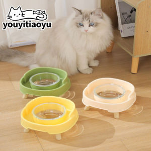 YOUYITIAOYU Pet Glass Bowl and Basin Leak Proof Wood Plastic Ceramic High Leg Single Bowl Cat Food