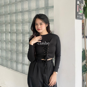 Nora Top Rib Baju Wanita Atasan Lengan Panjang Korean Style Kekinian Terbaru Ootd by Clashe