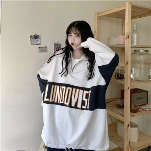 Sweater Wanita dengan Ritsleting Blok Warna Atasan Sablon Huruf Kasual Setengah Turtleneck Sweater Lengan Panjang