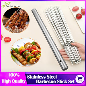 Stainless Steel Flat Metal Grill Set 50 PCS Skewers 35cm Stainless Steel BBQ Sticks Portable Storage Metal Barbecue Skewer For Meat Shrimp Chicken Vegetable Outdoor Cooking