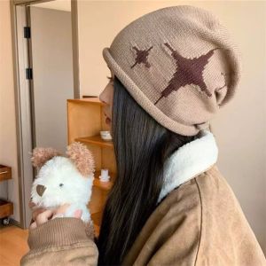 WININ Star Pattern Knitted Woolen Hat Thickened Windproof Cover Head Cap Casual Keep Warm Drawstring Beanie Cap Women