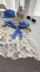 EST20A11 - GIRLS OOTD BLUE SLEVELESS CUTE DRESS w/ BIG RIBON - BUNNY AND RIBBON DESIGN