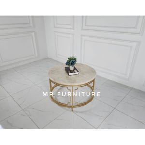 meja tamu bulat klasik gold top marmer krem