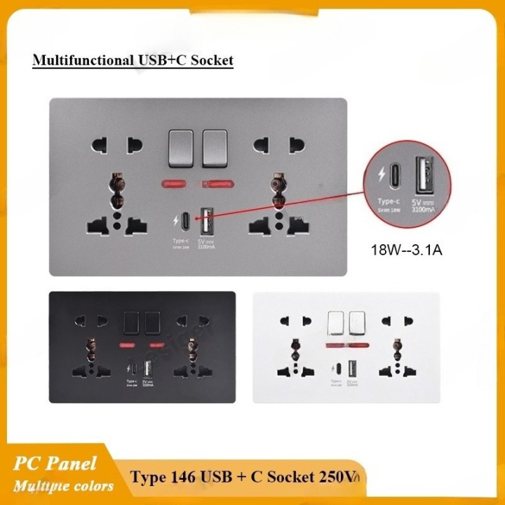 Ele Socket Electric socket wall mounted with USB and type-c fast charge PD18W 3.1A ...