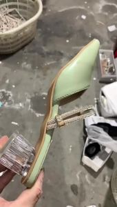 【Free Shipping】Fashionable pointed-toe high-heeled shoes 2025 summer new style chunky heel solid color rhinestone sandals casual everyday closed-toe slippers