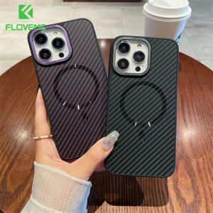 FLOVEME Carbon Fiber Pattern Business Magsafe Phone Case For iphone 15 14 13 12 Pro Max 15 Plus Plating Metal Lens Frame Wireless Charging Hard PC Anti-fall Shockproof Back Cover For iphone 15 14 13 12 11