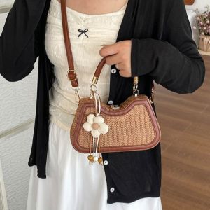 AFGYJT Viền PU Túi đeo vai dệt ghép nối dây chuyền hoa Thường ngày Túi xách Đa năng Sống động Túi đeo chéo Bãi biển