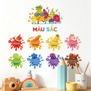 Decal Dán Tường Bảng Màu Sắc Hoa Quả Song Ngữ Có Keo Sẵn 30x82cm – Sticker Giáo Dục Cho Bé