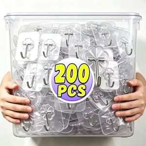 200Pcs Transparent Self-adhesive Hooks No Punch Heavy Duty Waterproof Sticky Wall Hangers