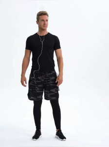 Mens Camouflage Fake Two Pieces Compression Training Pants Shorts Leggings Sportswear Gym Fitness Tight Sports Trousers