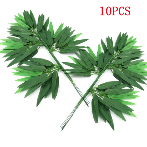 ผ้าไหมใบไผ่สีเขียวประดิษฐ์5/10ชิ้น40ซม. ใช้สำหรับบ้านและสำนักงานใบไม้ตกแต่งภูมิทัศน์