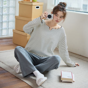 Cotton sleepwear womens long sleeved long pants cool cotton cartoon cute cat home suit set with chest cushion