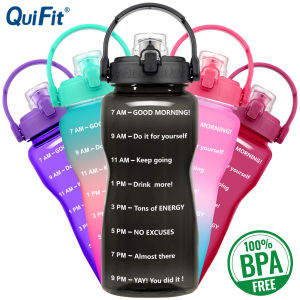 QuiFit 2L 64OZ Motivational Water Bottle with Width Mouth Flid-Flod Lid and Time Marker BPA Free Large Kettle LeakProof Durable Bottles for Fitness Outdoor Enthusiasts(Without Straw)