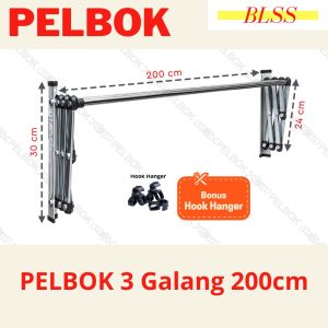 PELBOK JEMURAN BAJU PAKAIAN DINDING LIPAT STAINLESS STEEL RAK JEMURAN 3/5/7 GALANG 200CM