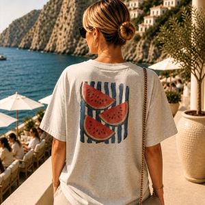[Local Stock] HBESTY  Y2K Coastal Soft Girl Retro Watermelon Blue Vertical Stripe Print Women Heather Oversized Loose T Shirt Summer Camiseta Mujer