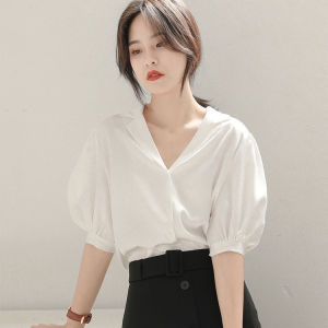 IELGY Áo Sơ Mi Màu Trắng Cá Tính Cổ Chữ V Mỏng Cổ Điển Kiểu Pháp Cho Nữ