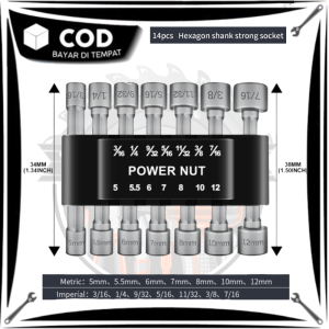 Mata roofing shock Power Nut Wrench Hexagonal Baut Baja Ringan Mata Shock 14pcs Hex Power Nut